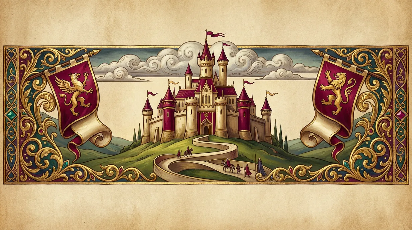 An illuminated-manuscript painting of a crimson-roofed castle on a green hill, framed in gold scrollwork with heraldic griffin and lion banners